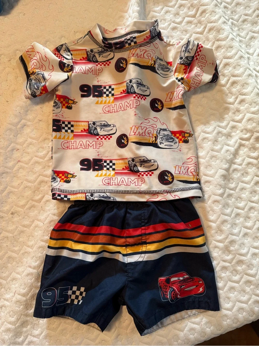 Disney ‘Cars’ White, Navy & Red '95 Champ' Kids Rashguard Swim Set